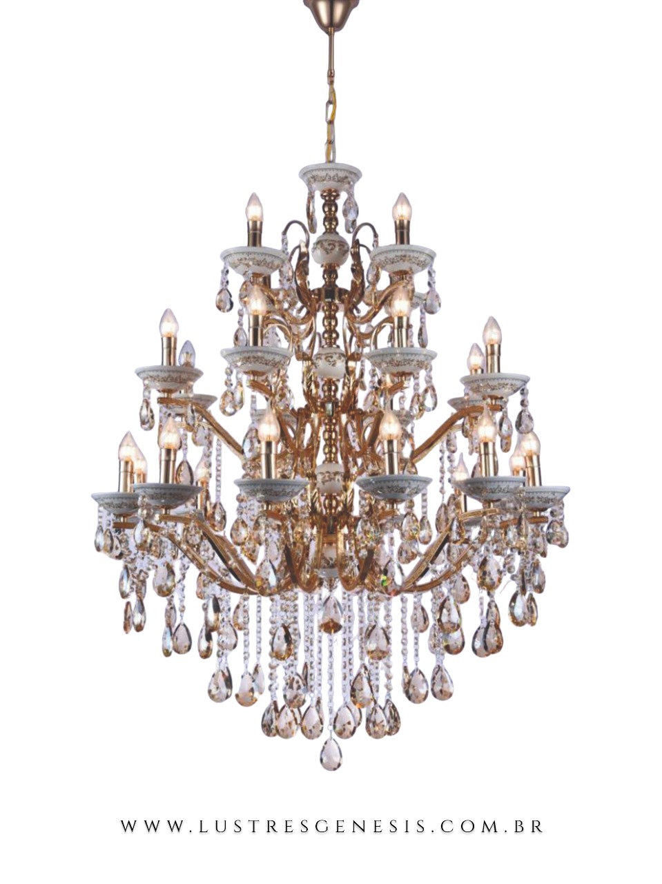 Lustre de Cristal Olímpia Clássico Dourado com 24 braços e cristais transparentes. Lustres Gênesis loja online de Lustres e Iluminação Decorativa